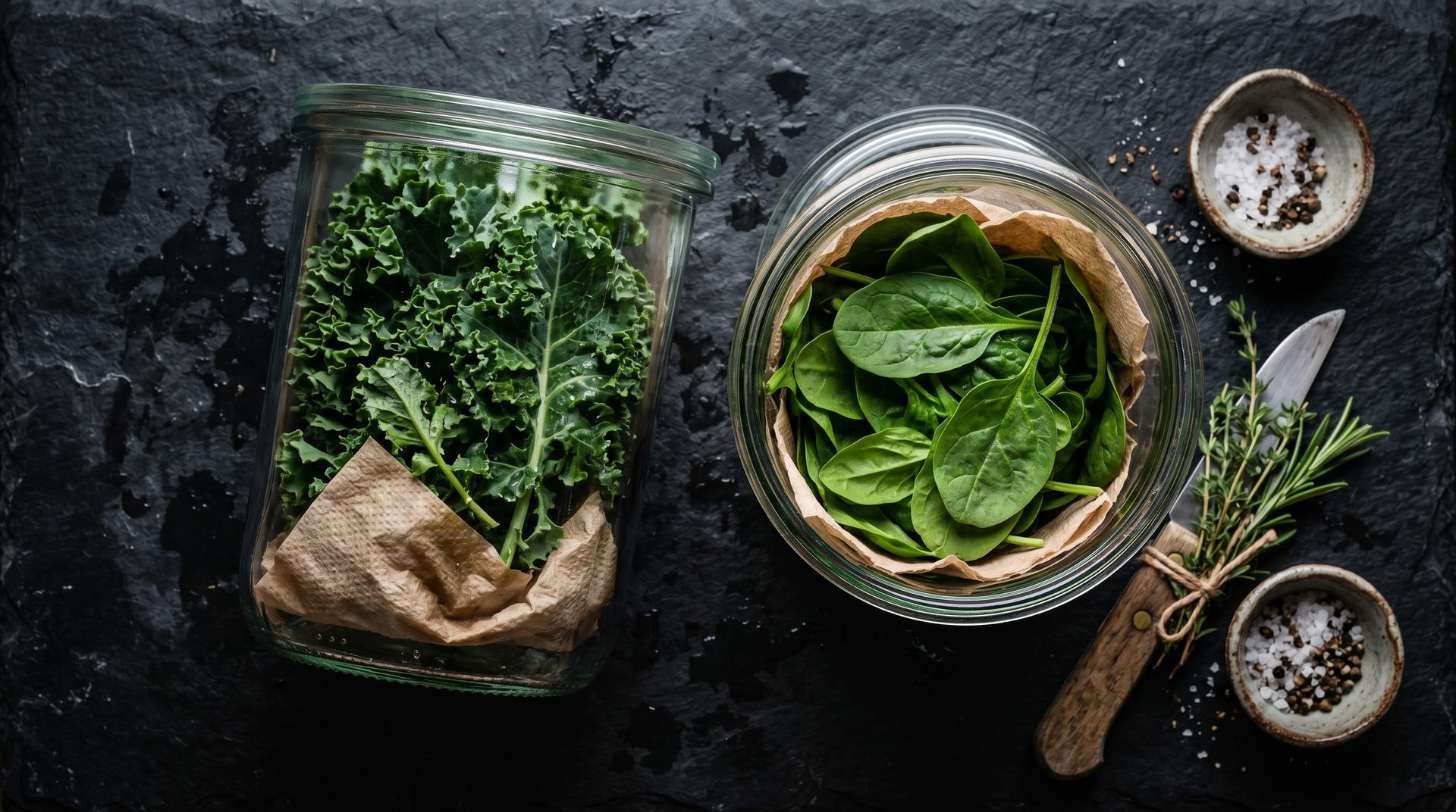 Organic greens stored in glass containers