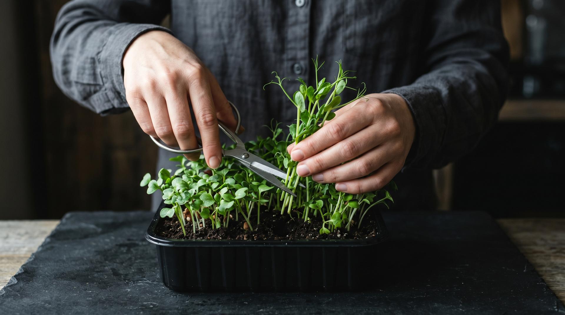 Harvesting microgreens with scissors