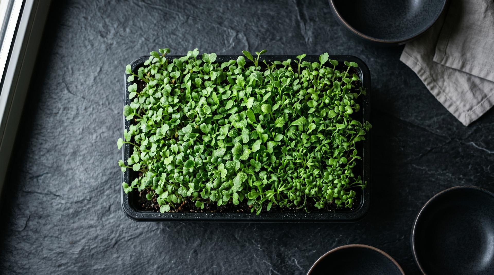 Microgreens growing in a tray